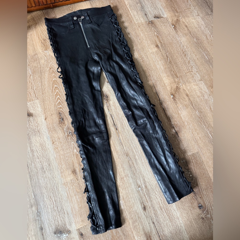 Rag & Bone Kiku high rise‎ Lamb Leather Black Lace-Up Skinny Pants size 25 - Picture 8 of 12